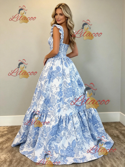 White Print Straps Prom Dress