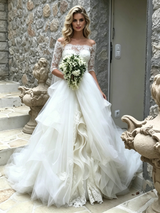 White Tulle Lace Short Sleeve Wedding Dress