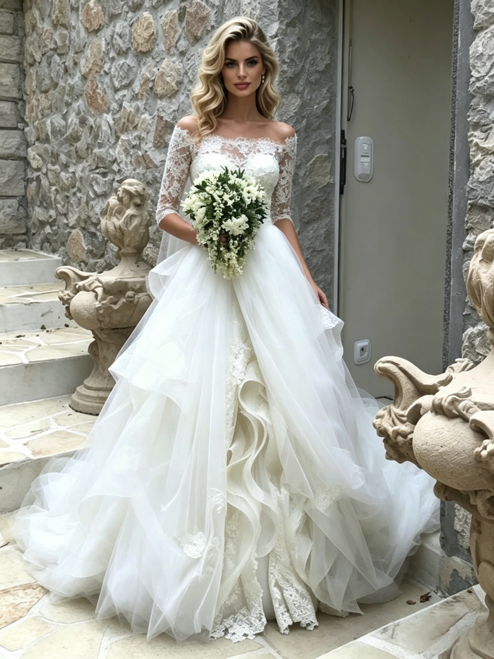 White Tulle Lace Short Sleeve Wedding Dress