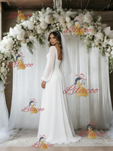 White Long Sleeve V-neck Wedding Dress