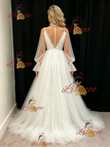 White Tulle Long Sleeve Pleats Wedding Dress