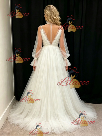 White Tulle Long Sleeve Pleats Wedding Dress