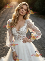 White Tulle Lace Long Sleeve Wedding Dress