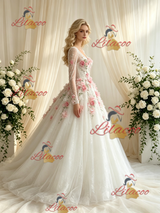 White Tulle V-neck Long Sleeve Appliques Wedding Dress