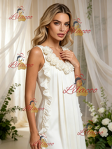Beige White V-neck 3D Flower Wedding Dress