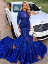 Blue Mermaid Sequins Short Sleeve Prom Dress