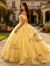 Yellow Tulle Off the Shoulder Appliques Quinceanera Dress
