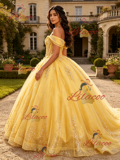Yellow Tulle Off the Shoulder Appliques Quinceanera Dress