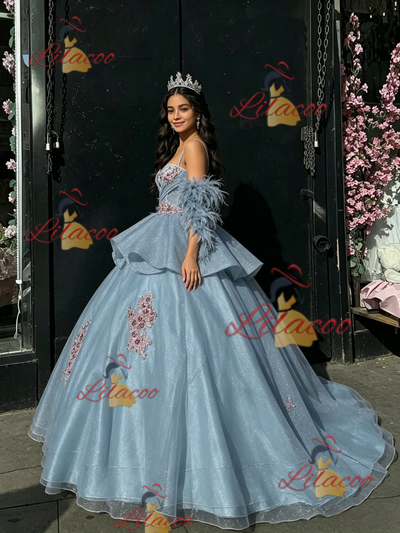 Blue Tulle Appliques Straps Quinceanera Dress