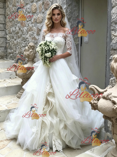 White Tulle Lace Short Sleeve Wedding Dress