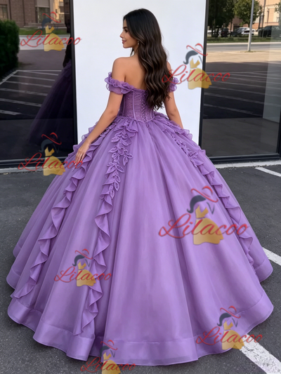 Purple Tulle Off the Shoulder Appliques Quinceanera Dress