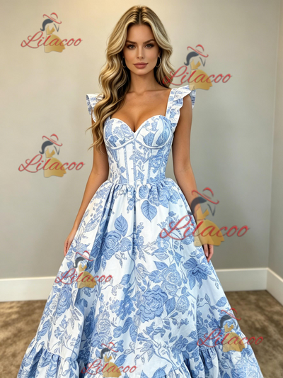 White Print Straps Prom Dress