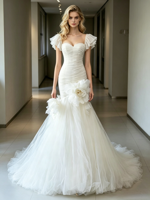 White Mermaid Tulle Pleats Flower Wedding Dress