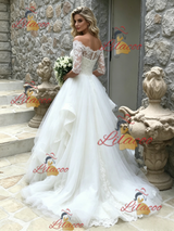 White Tulle Lace Short Sleeve Wedding Dress