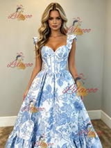 White Print Straps Prom Dress