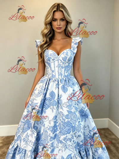 White Print Straps Prom Dress