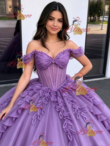 Purple Tulle Off the Shoulder Appliques Quinceanera Dress