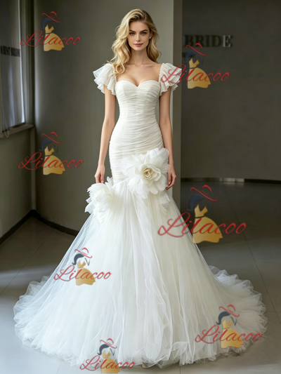 White Mermaid Tulle Pleats Flower Wedding Dress