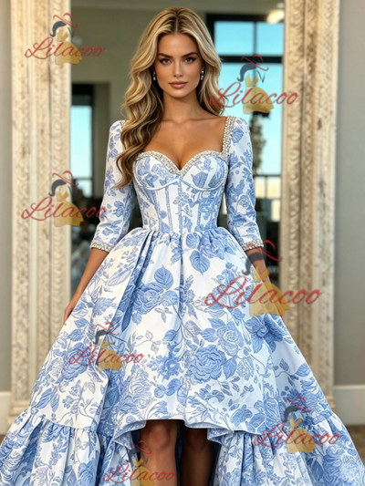 Short Sleeve Print Prom Dress