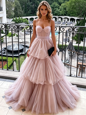 Pink Tulle Spaghetti Straps Prom Dress