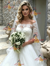 White Tulle Lace Short Sleeve Wedding Dress