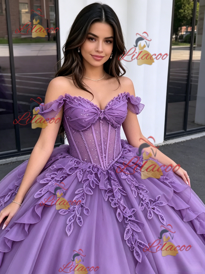 Purple Tulle Off the Shoulder Appliques Quinceanera Dress