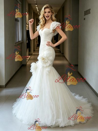 White Mermaid Tulle Pleats Flower Wedding Dress