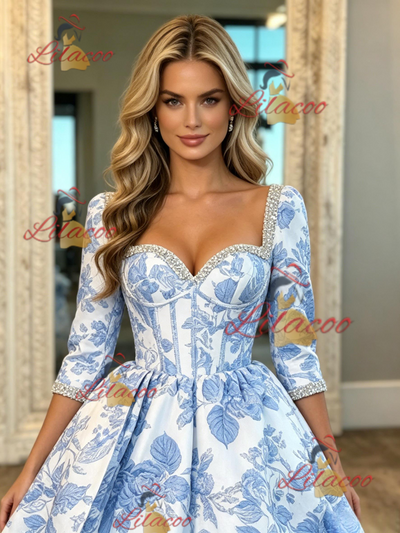 Short Sleeve Print Prom Dress