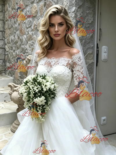White Tulle Lace Short Sleeve Wedding Dress