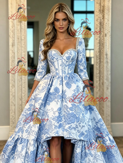 Short Sleeve Print Prom Dress