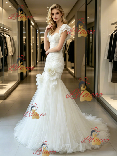 White Mermaid Tulle Pleats Flower Wedding Dress
