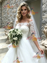 White Tulle Lace Short Sleeve Wedding Dress