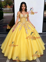 Yellow Tulle Off the Shoulder Appliques Quinceanera Dress