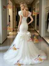 White Mermaid Tulle Pleats Flower Wedding Dress