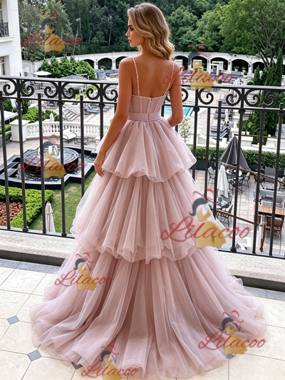 Pink Tulle Spaghetti Straps Prom Dress