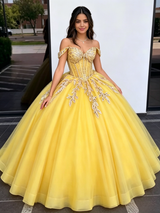 Yellow Tulle Off the Shoulder Appliques Quinceanera Dress