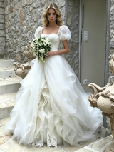 White Tulle Puff Sleeve Lace Wedding Dress