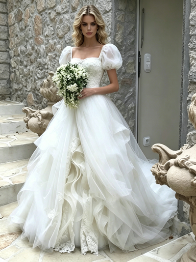 White Tulle Puff Sleeve Lace Wedding Dress