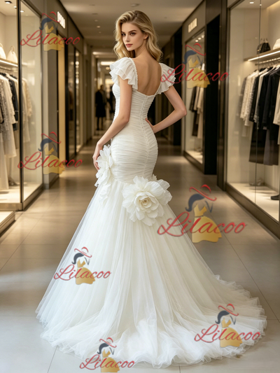 White Mermaid Tulle Pleats Flower Wedding Dress