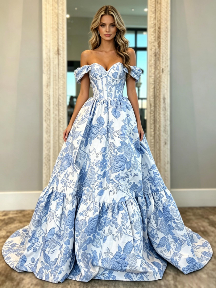 Print Off the Shoulder Prom Dress