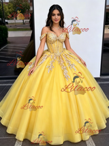 Yellow Tulle Off the Shoulder Appliques Quinceanera Dress