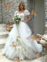 White Tulle Puff Sleeve Lace Wedding Dress