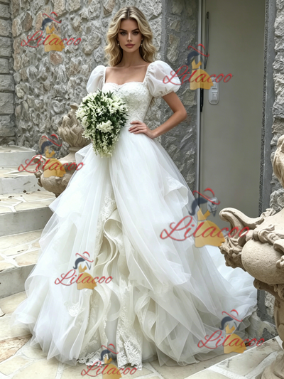 White Tulle Puff Sleeve Lace Wedding Dress