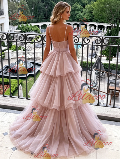 Pink Tulle Spaghetti Straps Prom Dress