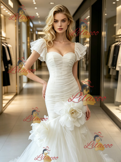White Mermaid Tulle Pleats Flower Wedding Dress