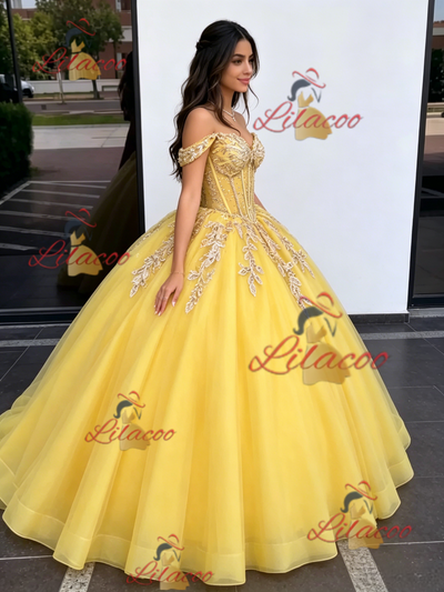 Yellow Tulle Off the Shoulder Appliques Quinceanera Dress
