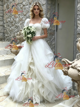 White Tulle Puff Sleeve Lace Wedding Dress