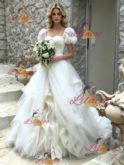 White Tulle Puff Sleeve Lace Wedding Dress