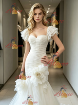 White Mermaid Tulle Pleats Flower Wedding Dress