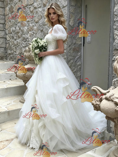 White Tulle Puff Sleeve Lace Wedding Dress
